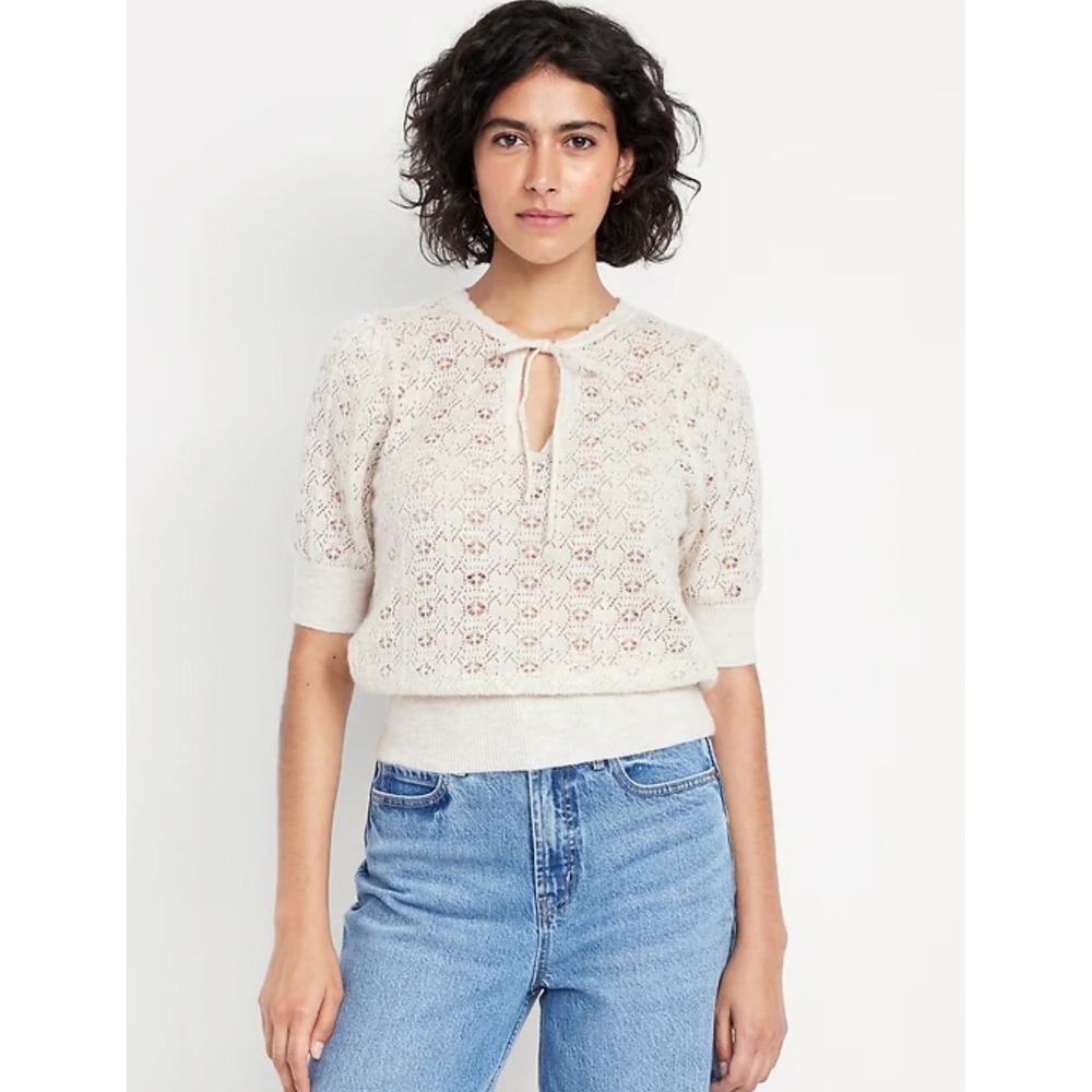 Old Navy Womens Wool Blend Pointelle Tie Front Puff Sleeve Sweater Oatmeal M